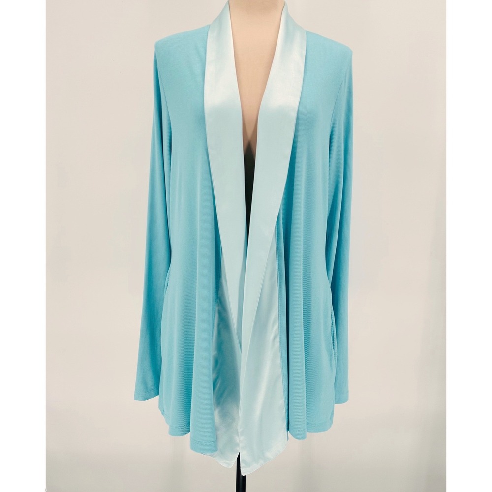 PJ Harlow Shelby Light Teal Ribbed Knit Satin‎ Trim Shawl Collar Cardigan Wrap